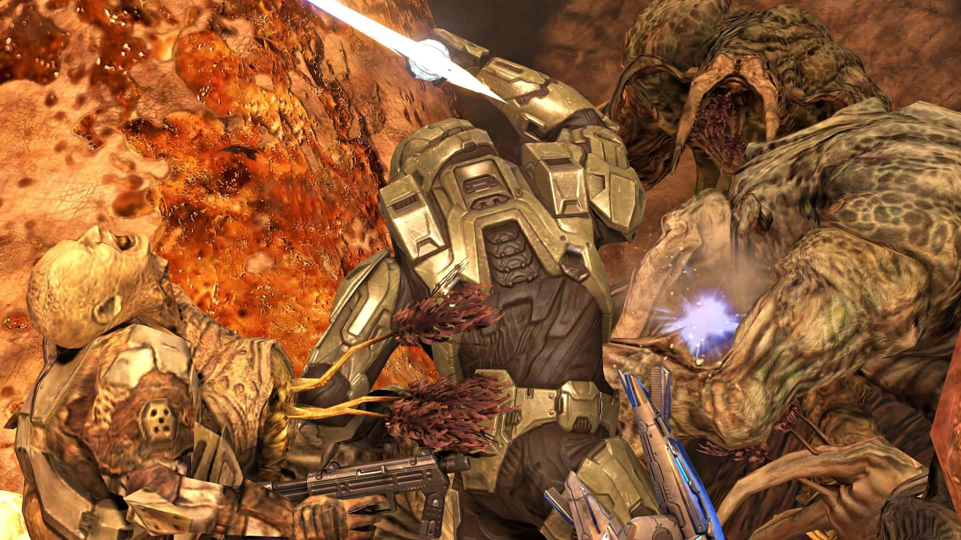 Halo Flood, soldier in heavy armor, grotesque alien creatures, Full HD Desktop Wallpaper