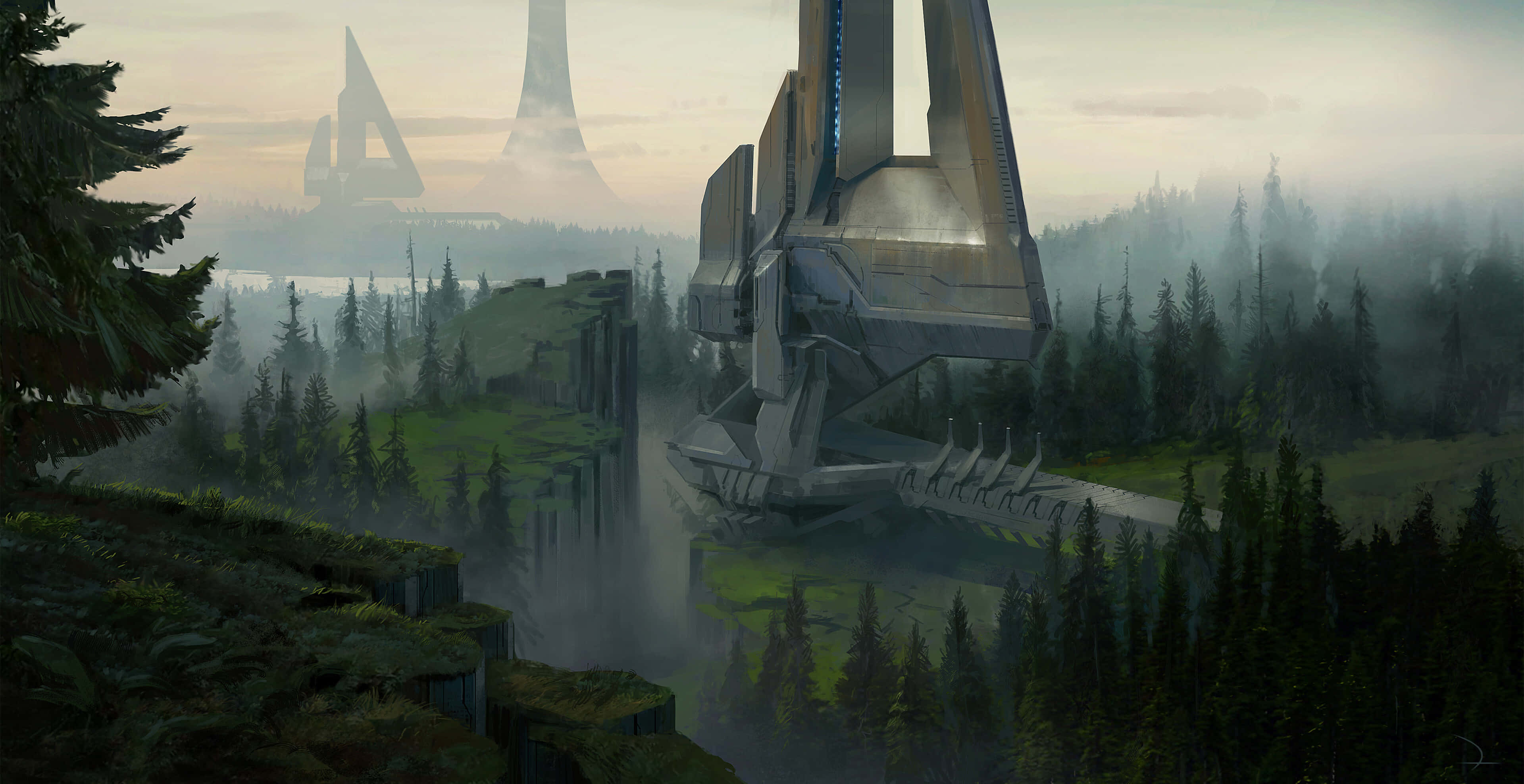 Halo Forerunner, futuristic spaceship, misty forest valley, 4K Desktop Wallpaper