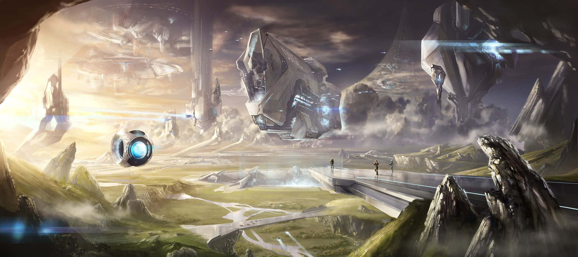 Halo Forerunner, futuristic bridge, colossal floating spaceships, Full HD Desktop Wallpaper