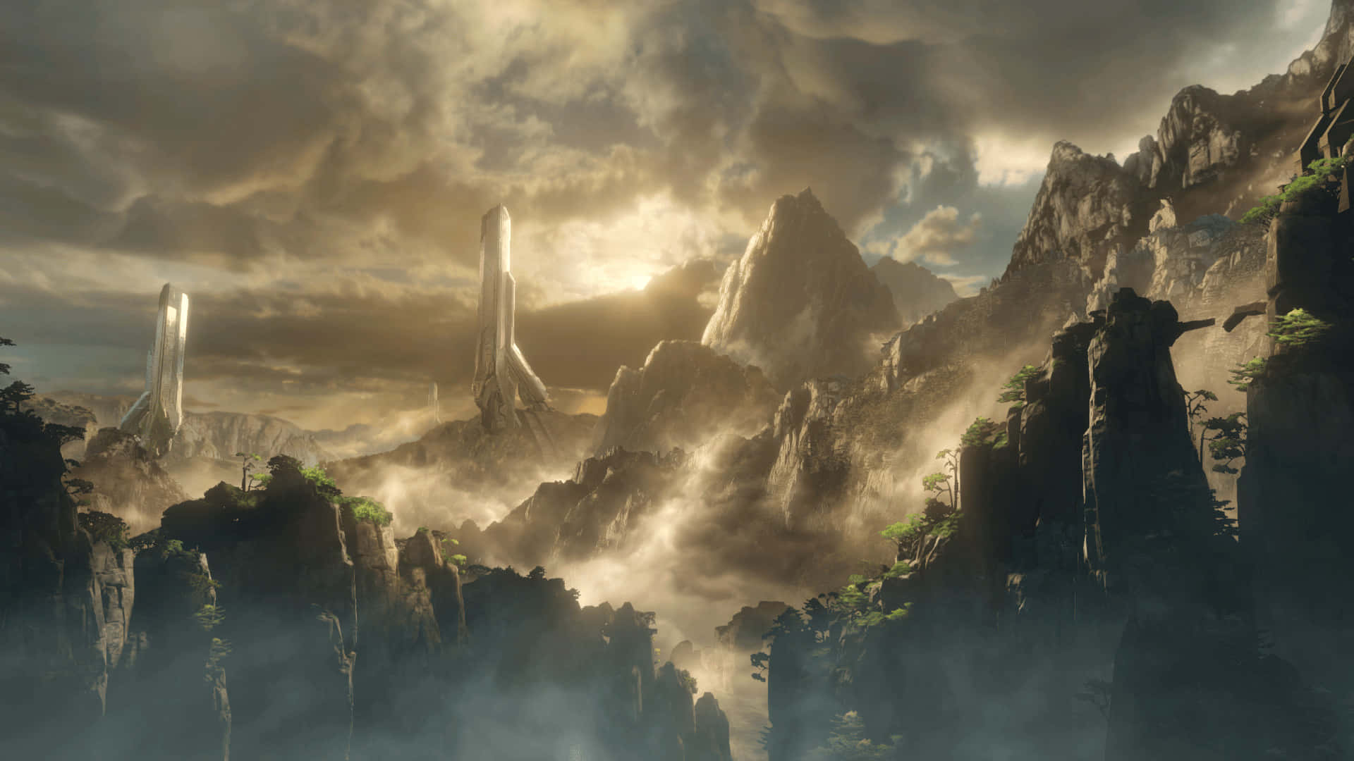 Halo Forerunner, monoliths, night sky, Full HD Desktop Wallpaper