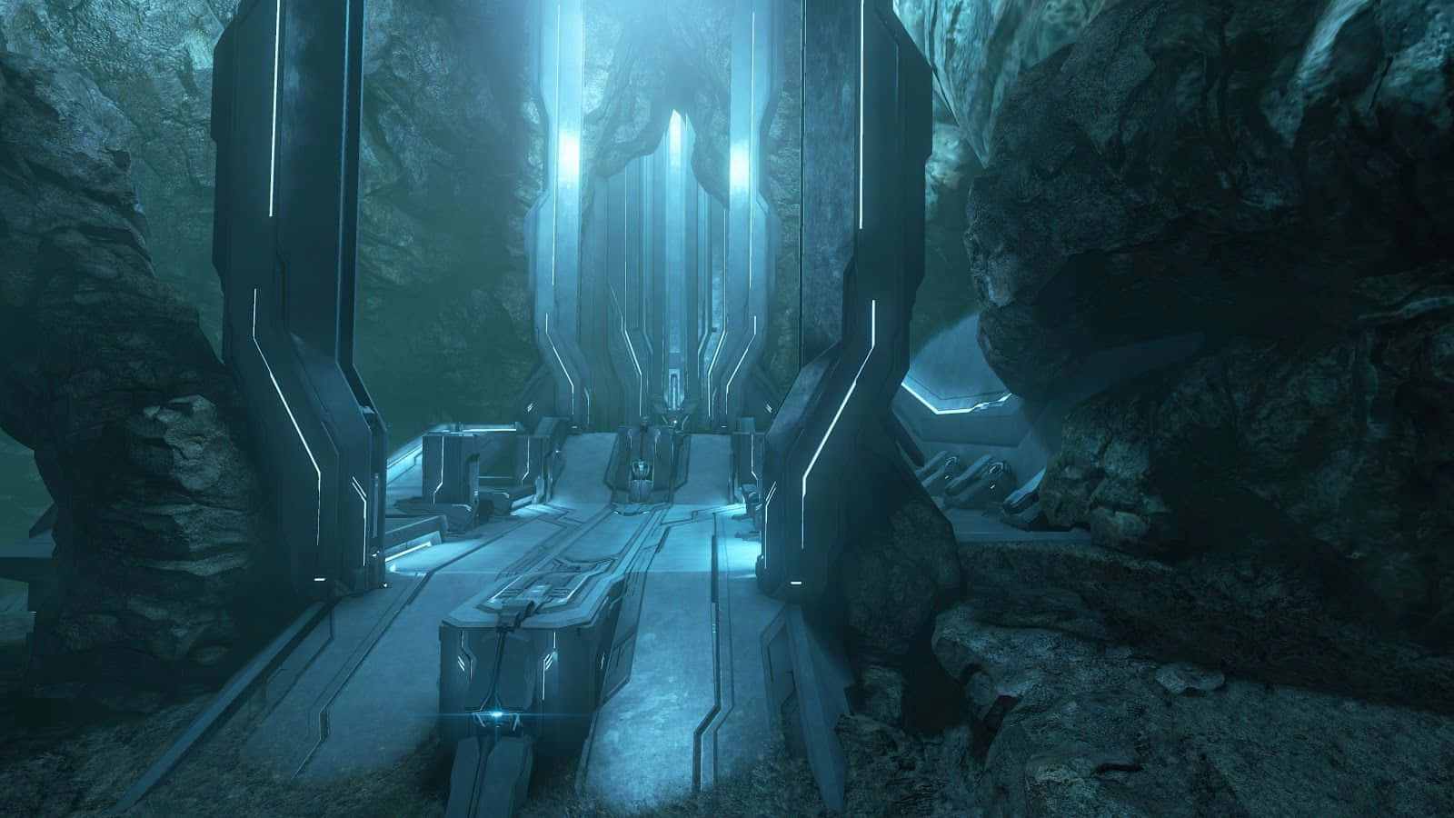 Halo Forerunner, glowing blue sci-fi corridor, rocky cave, HD Desktop Wallpaper