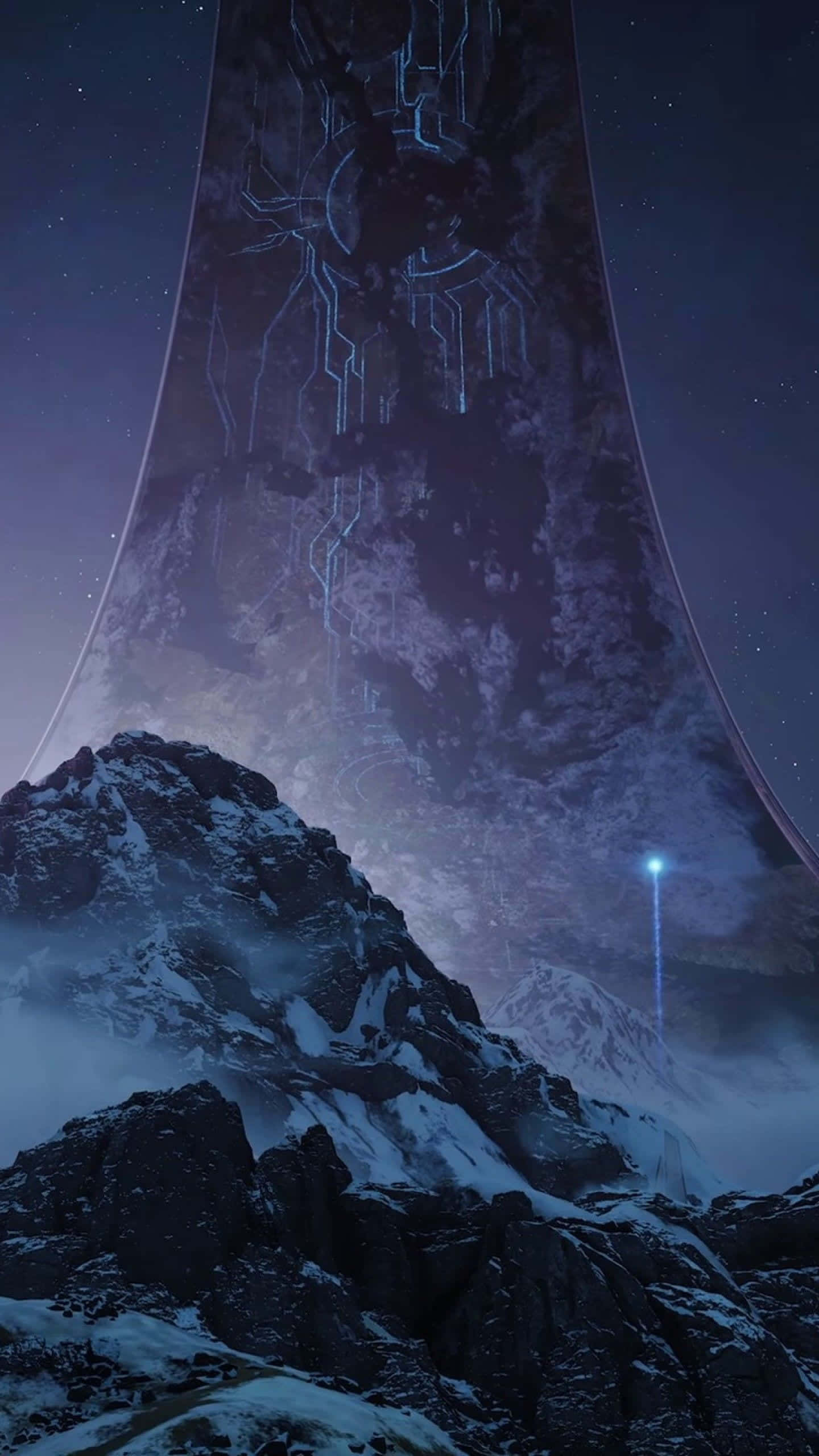Halo Forerunner, glowing alien structure, snowcapped mountains, 2K Phone Wallpaper