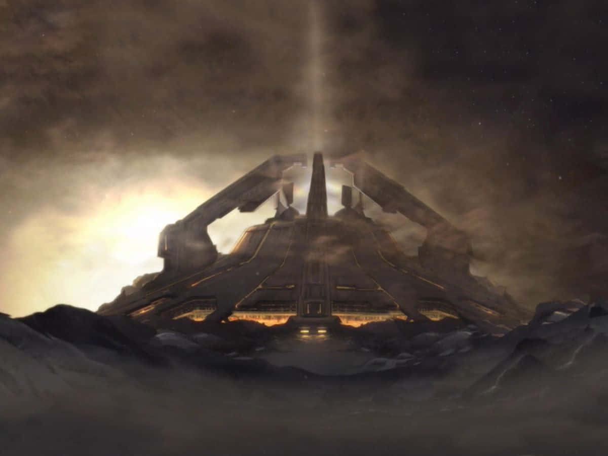Halo Forerunner, colossal futuristic spaceship, snowy mountain peak, SD Desktop Wallpaper