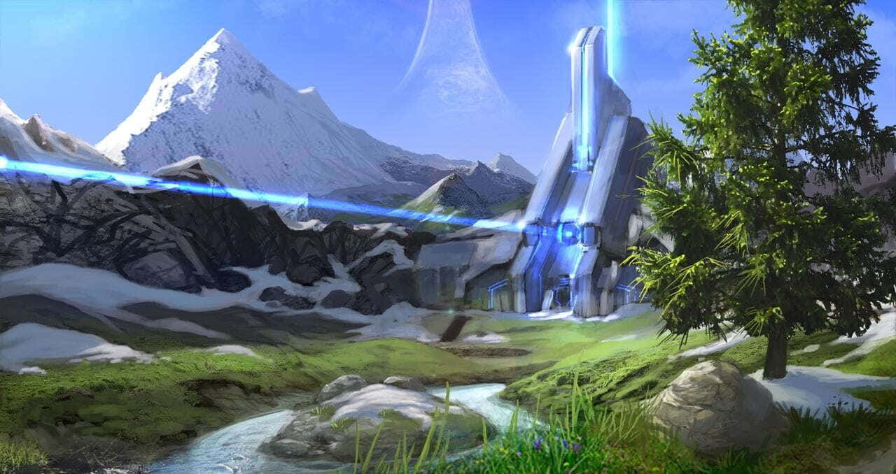 Halo Forerunner, glowing blue monolith, snowy mountain valley, HD Desktop Wallpaper