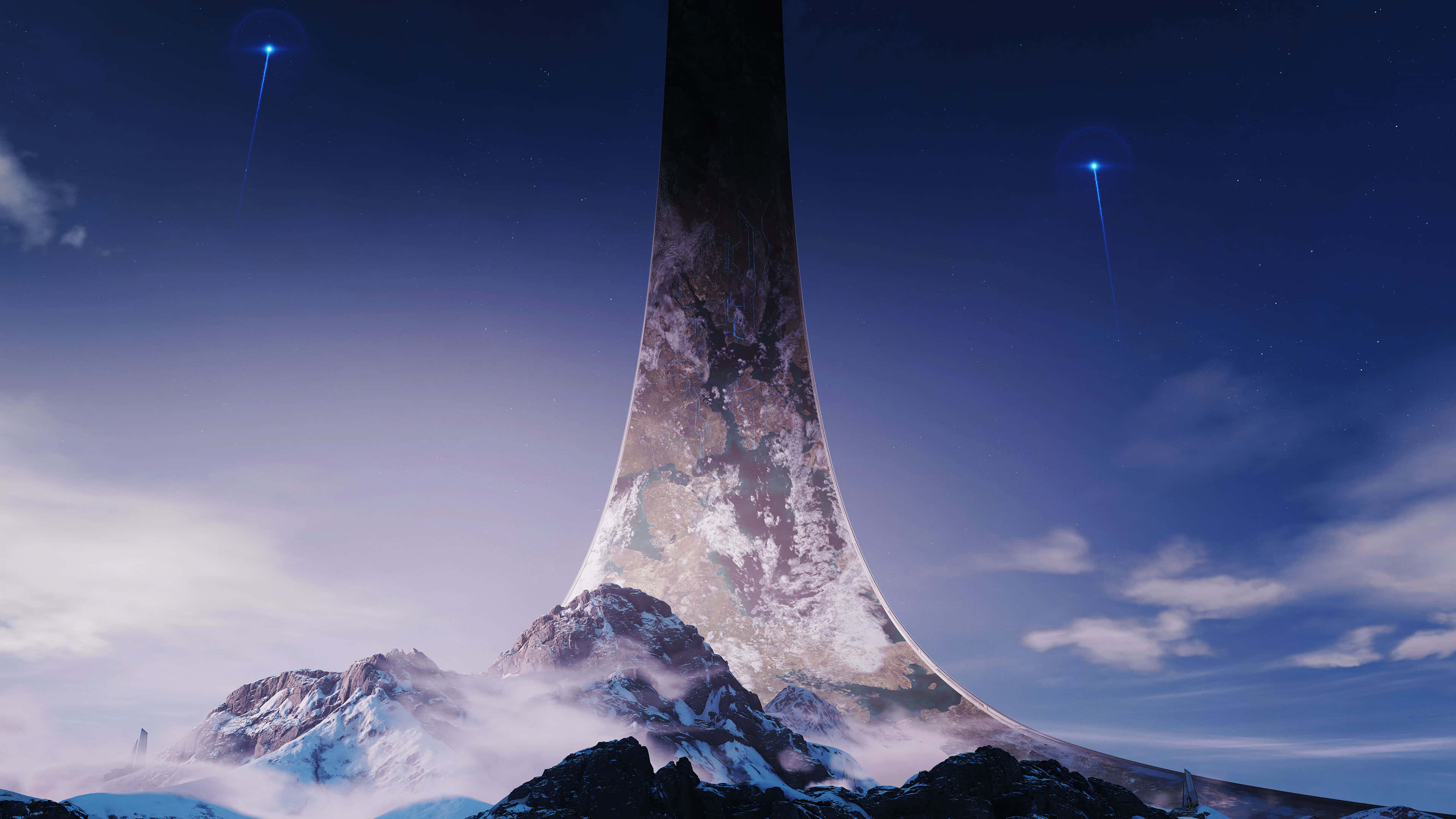 Halo Forerunner, colossal alien monolith, snowy mountains, 4K Desktop Wallpaper