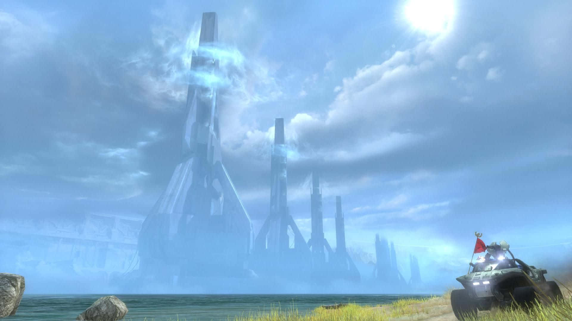 Halo Forerunner, futuristic vehicle, red flag, Full HD Desktop Wallpaper