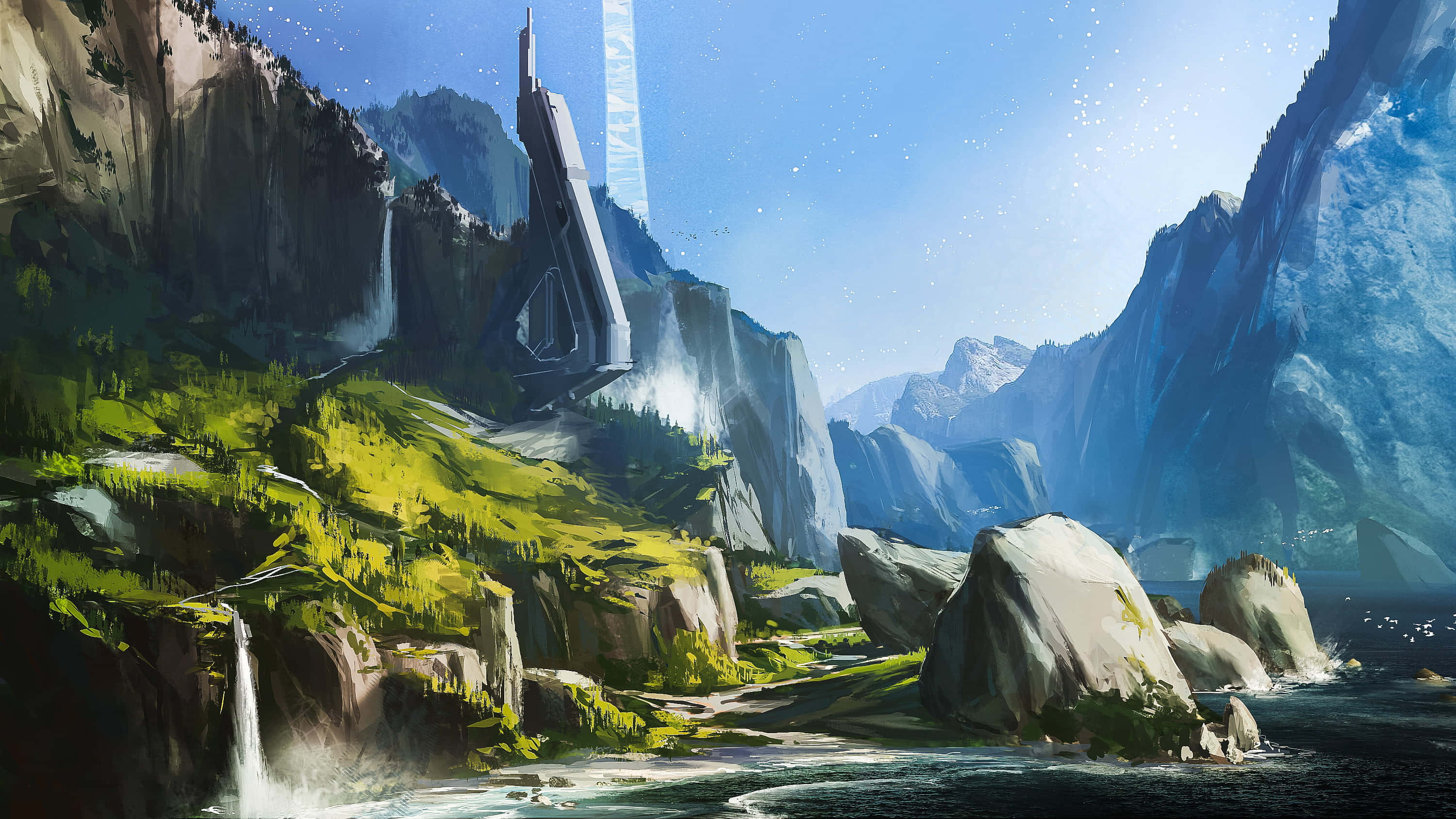 Halo Forerunner, futuristic monolith, lush green valley, 2K Desktop Wallpaper