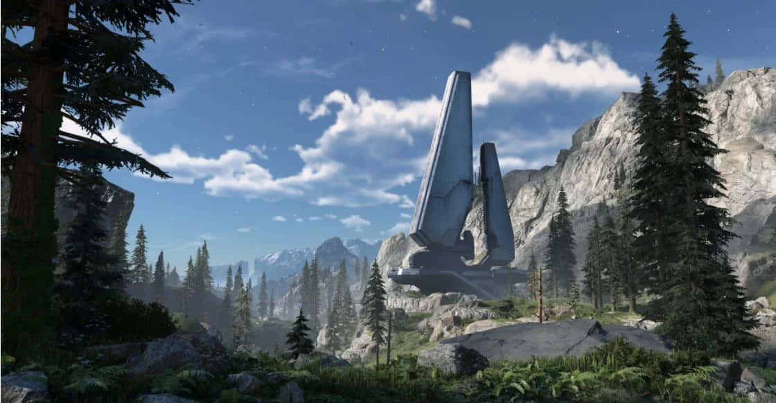 Halo Forerunner, futuristic monolith, forested mountain valley, SD Desktop Wallpaper
