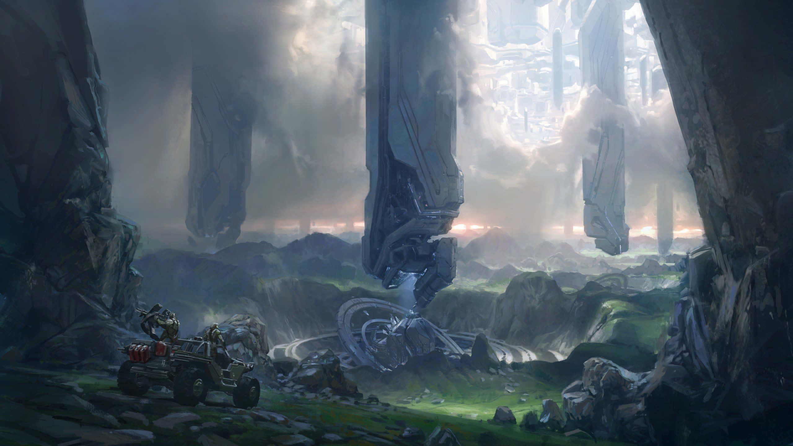 Halo Forerunner, 2560 x 1440, misty alien canyon, 2K Desktop Wallpaper