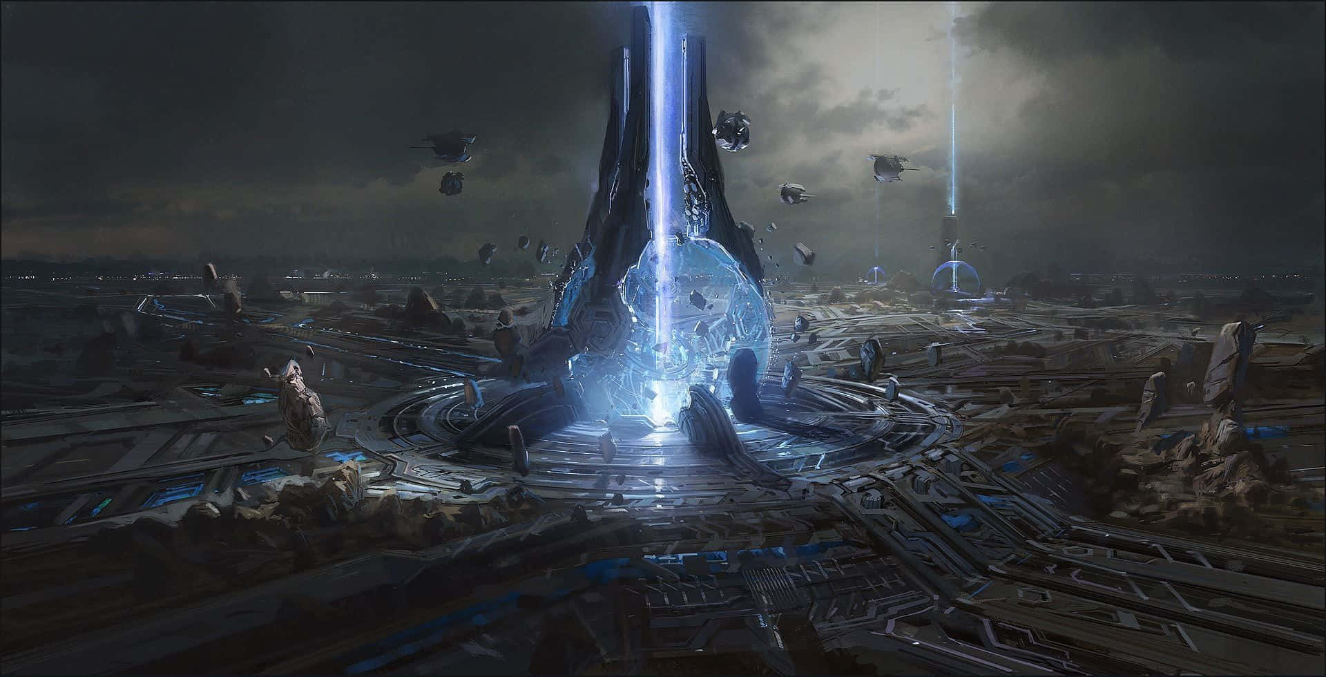 Halo Forerunner, glowing blue monolith, hovering vehicles, Full HD Desktop Wallpaper