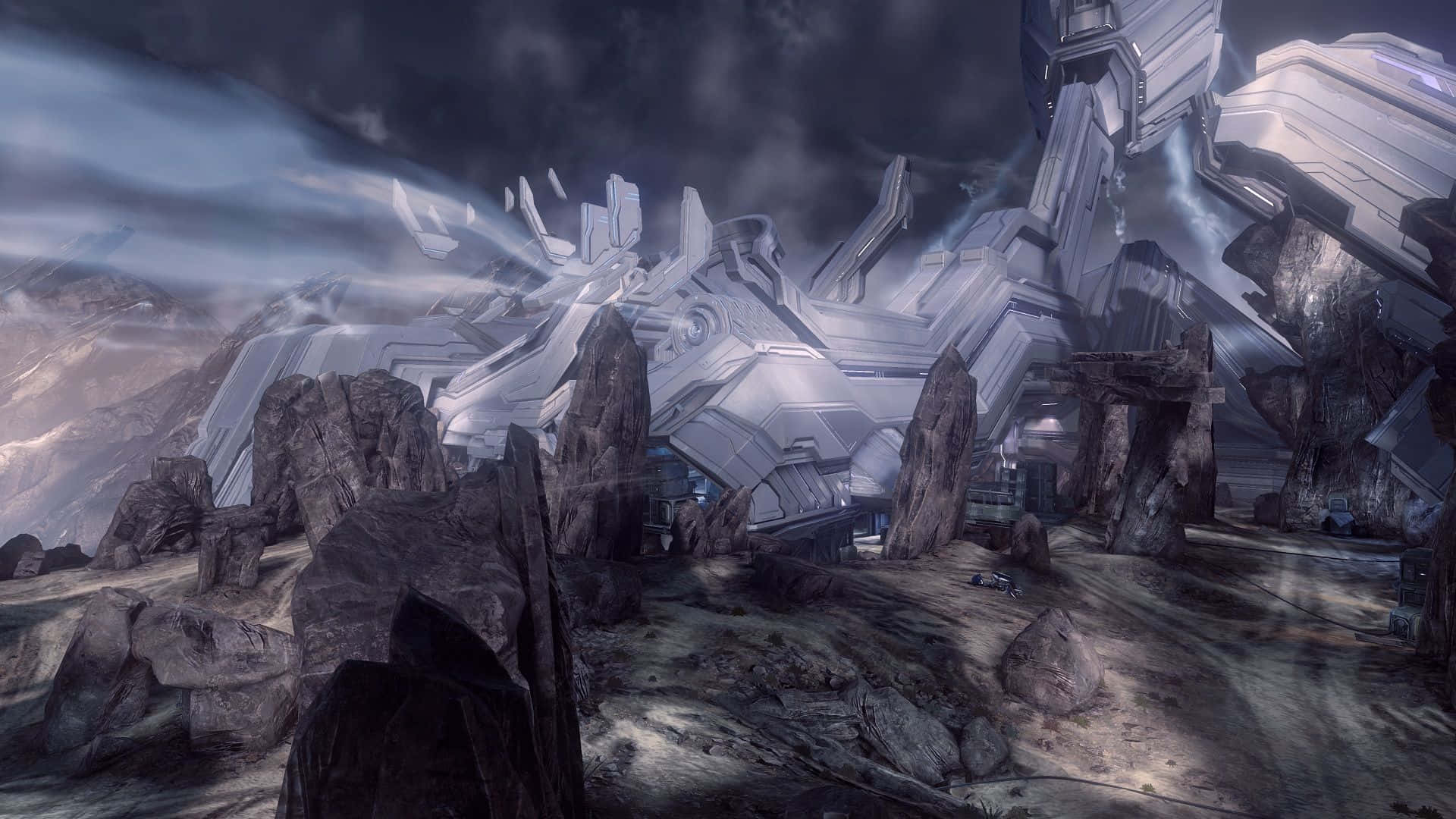 Halo Forerunner, futuristic spaceship, jagged rocks, Full HD Desktop Wallpaper