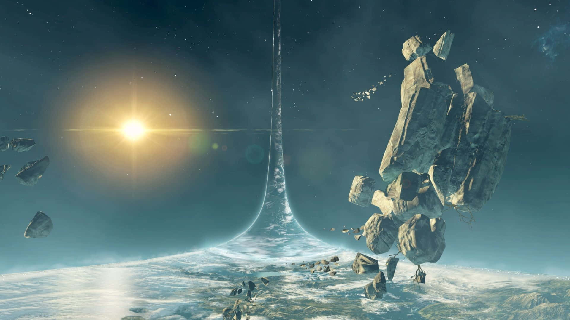 Halo Forerunner, space elevator, starlit sky, Full HD Desktop Wallpaper