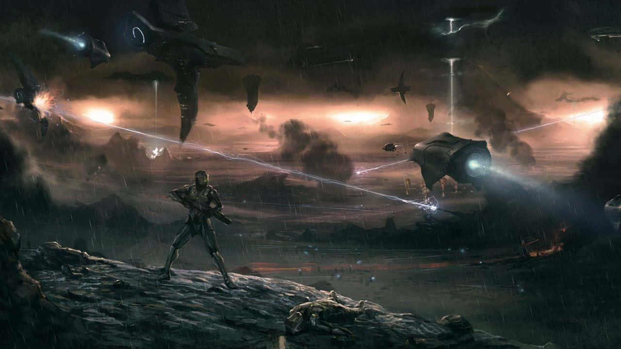 Halo Forerunner, lone soldier, rain-slicked cliff, HD Desktop Wallpaper