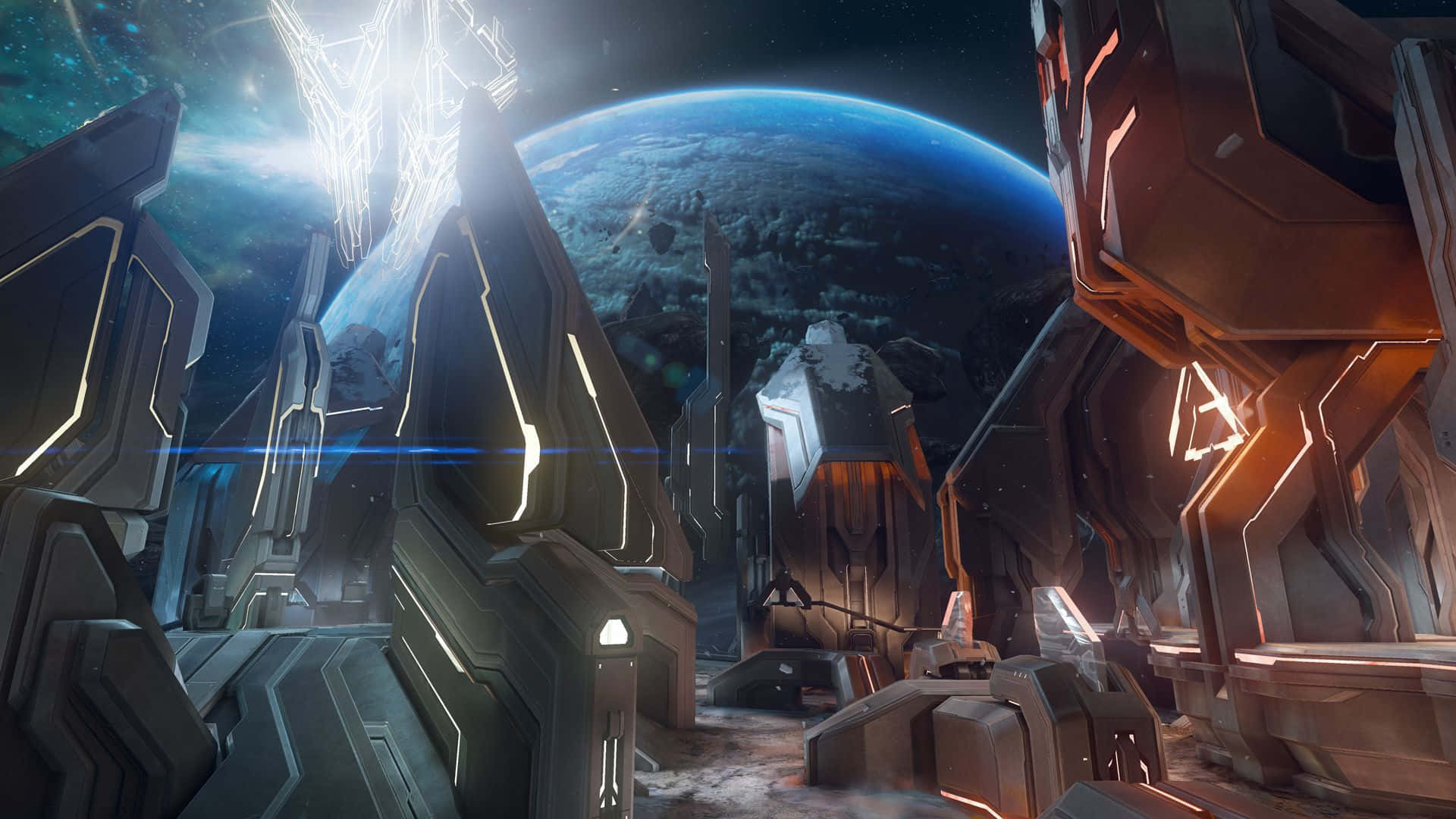 Halo Forerunner, neon lights, blue planet, Full HD Desktop Wallpaper