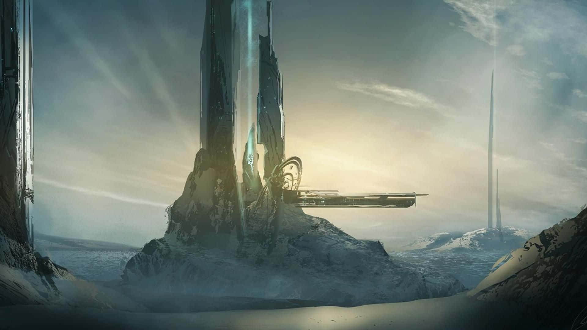 Halo Forerunner, crystalline spires, floating platform, Full HD Desktop Wallpaper