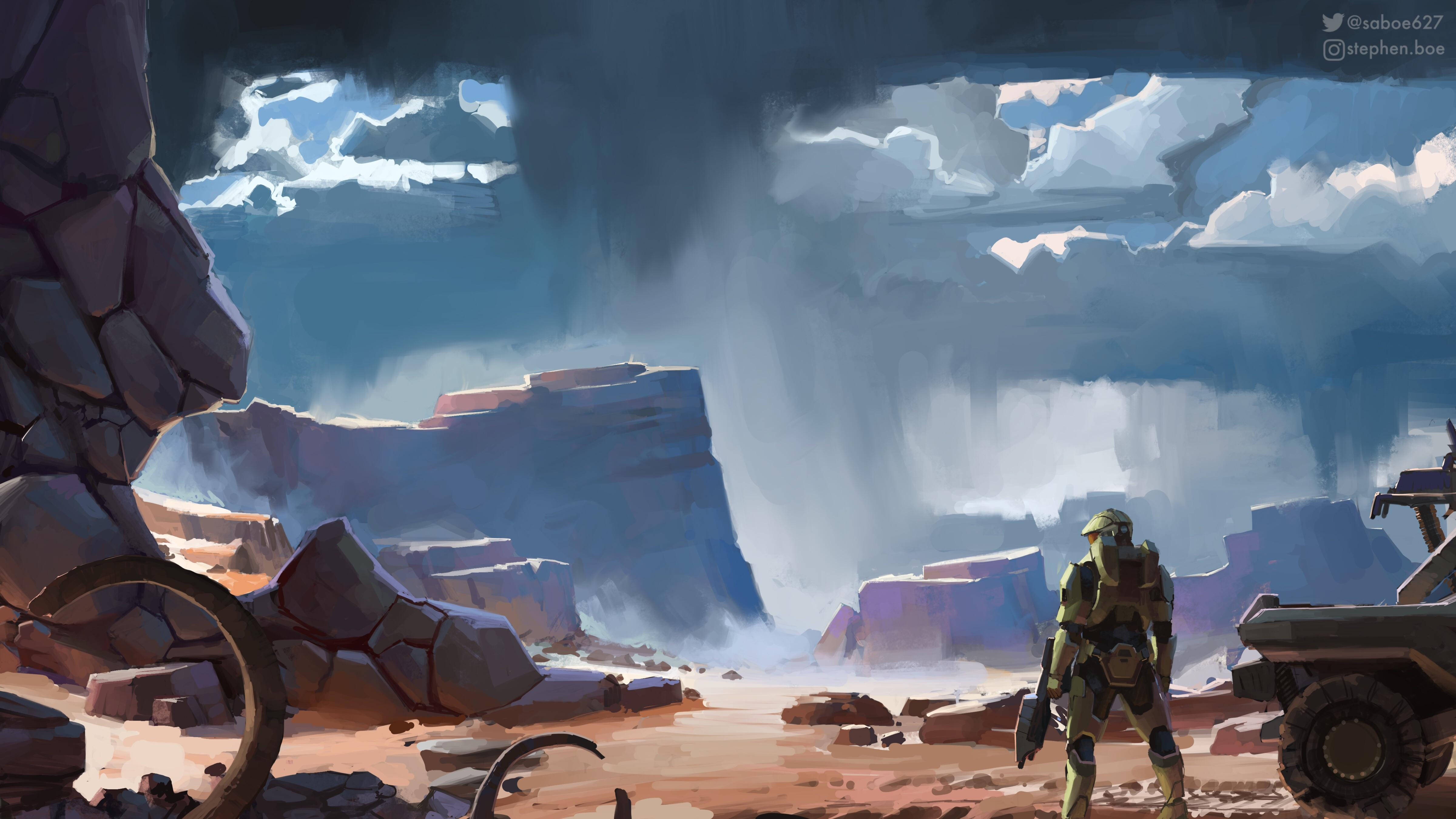 Halo Infinite, armored soldier, desolate rocky canyon, 4K Desktop Wallpaper