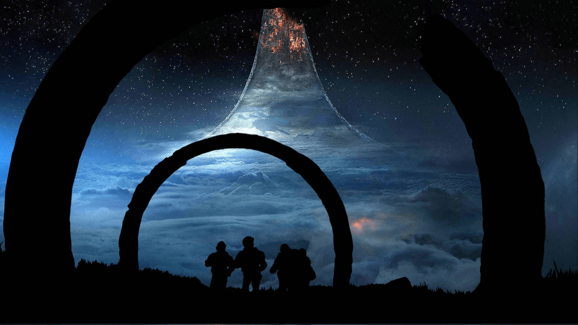 Halo Infinite, cosmic waterfall, starry night sky, Full HD Desktop Wallpaper