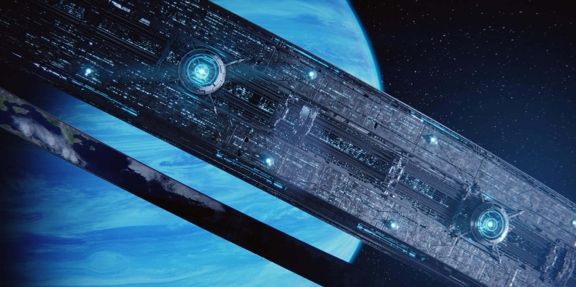 Halo Ring, futuristic spaceship, vibrant blue planet, Full HD Desktop Wallpaper