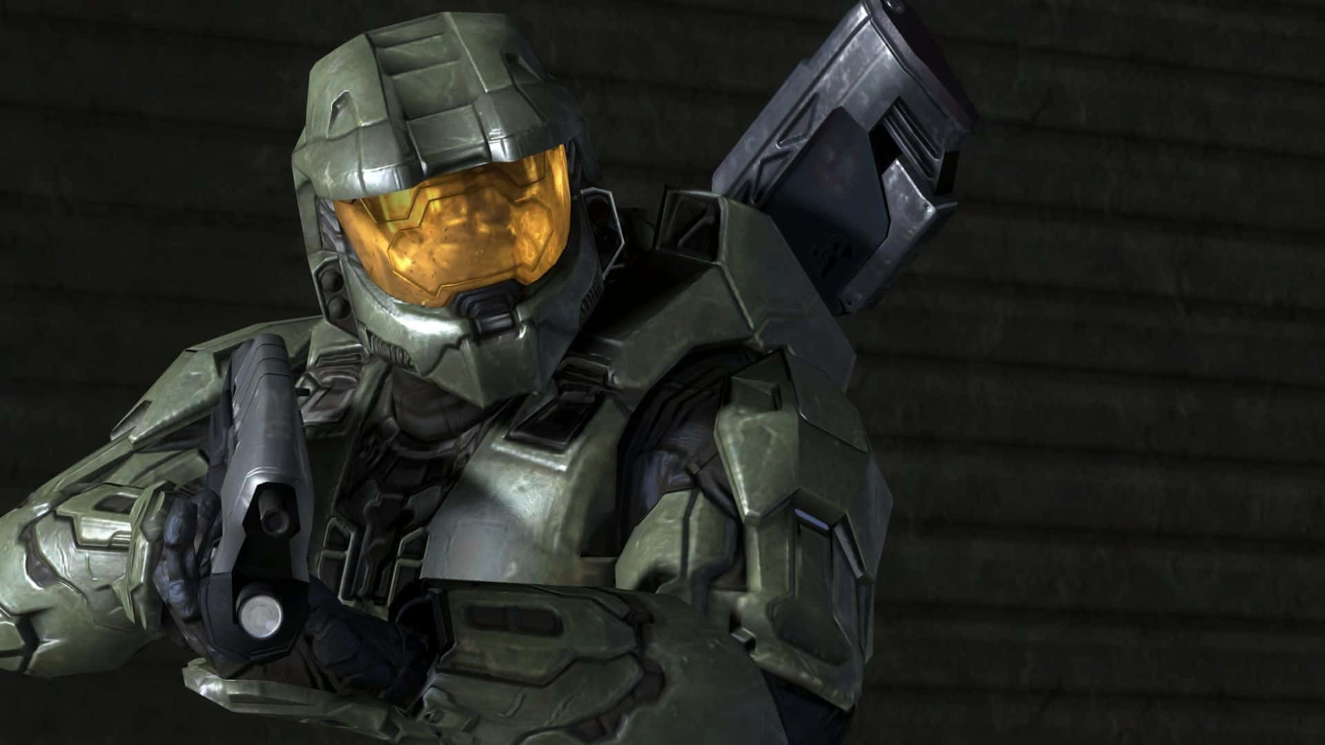 Halo Master Chief, green armor, glowing orange visor, Full HD Desktop Wallpaper