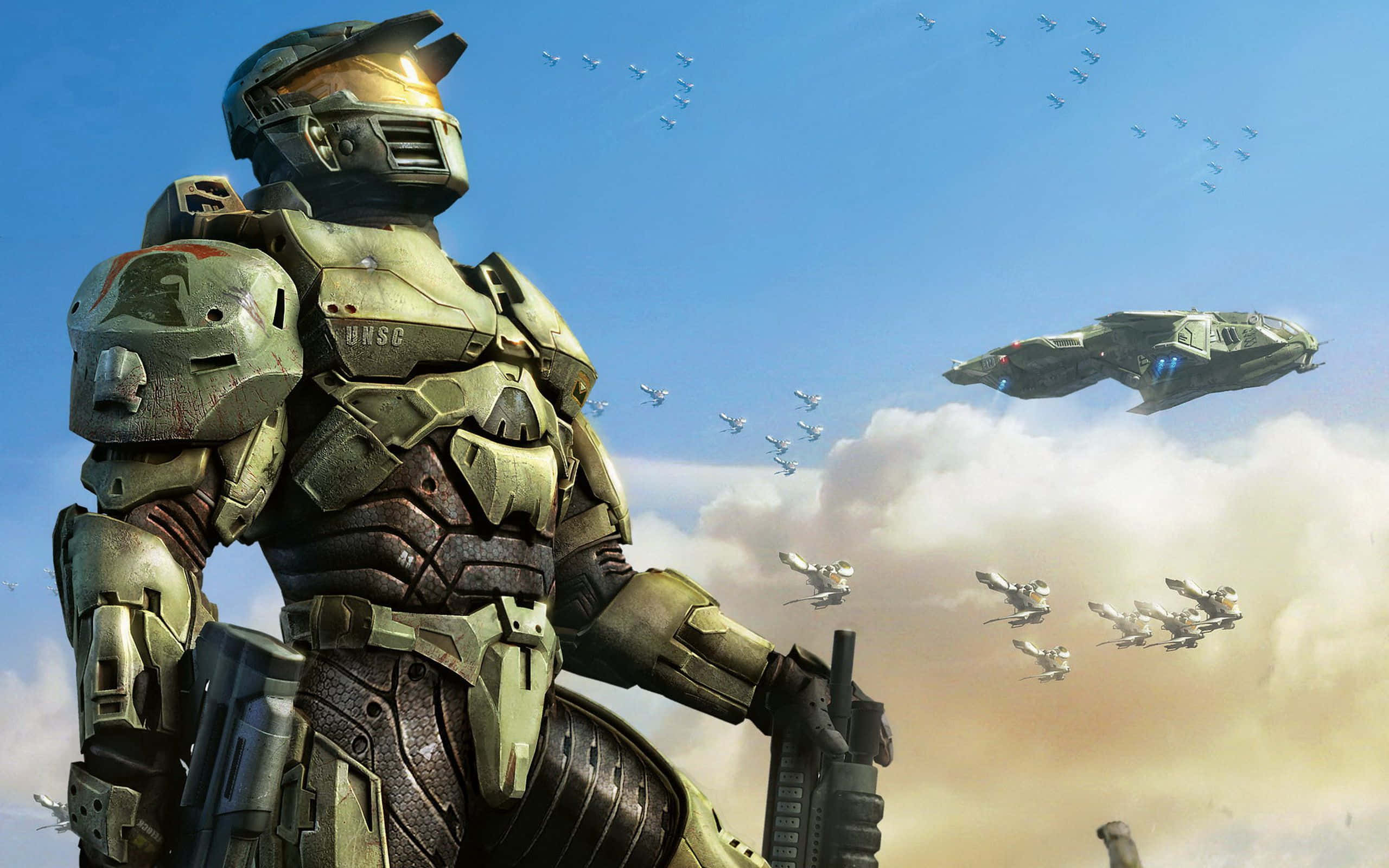 Master Chief, green armor, blue sky, 2K Desktop Wallpaper