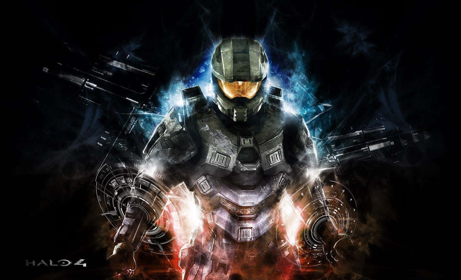 Halo Master Chief, futuristic armor, glowing blue and red energy effects, HD Desktop Wallpaper