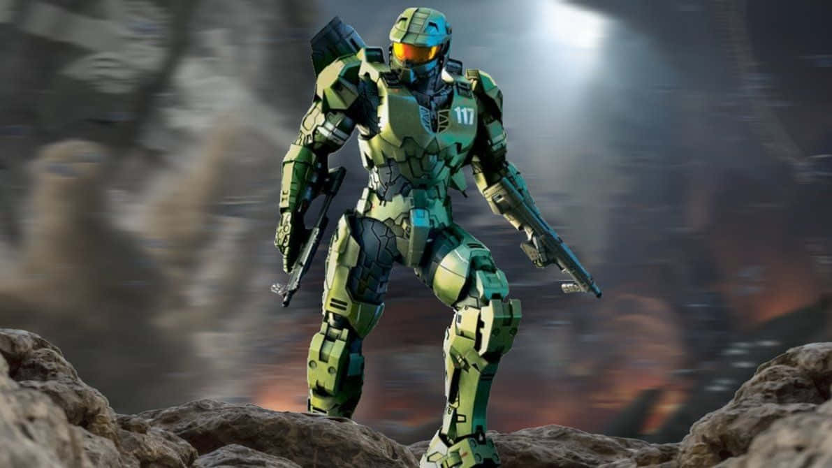 Halo Master Chief, green armored suit, glowing orange visor, SD Desktop Wallpaper