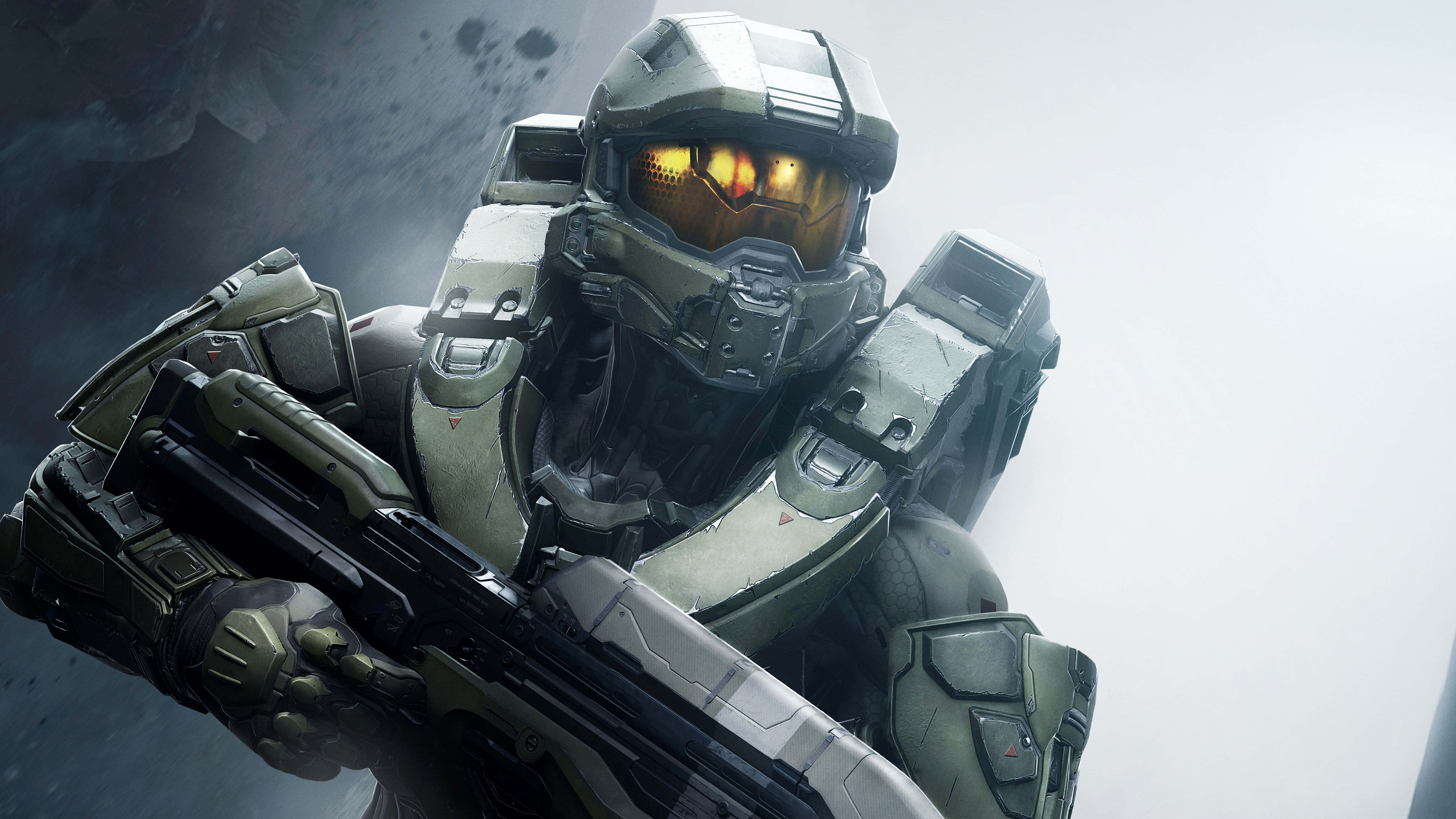 Halo Master Chief, green armor, glowing orange visor, 5K Desktop Wallpaper