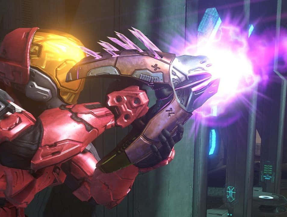 Halo Needler, red armored soldier, glowing purple energy weapon, SD Desktop Wallpaper
