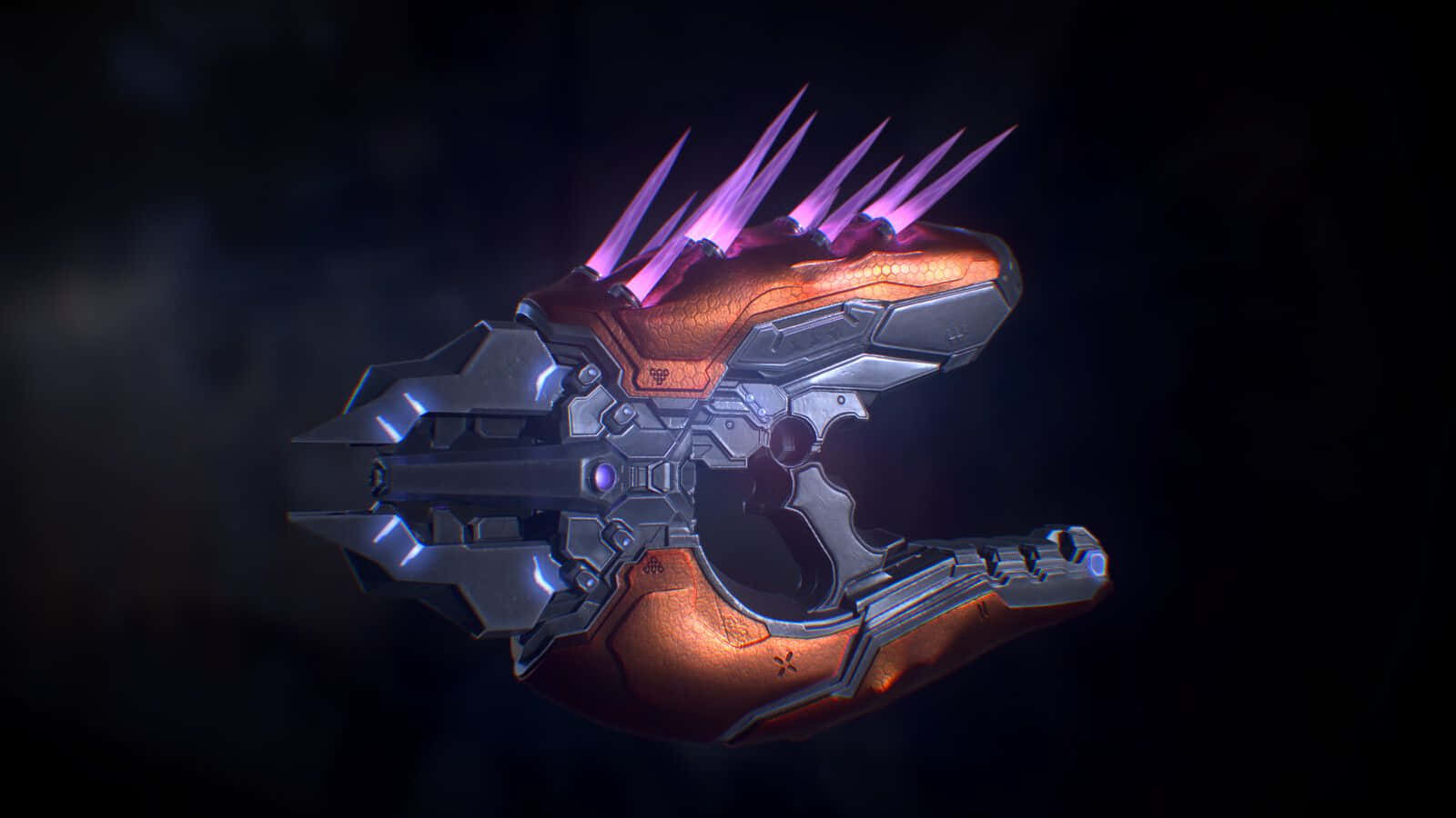 Halo Needler, glowing purple spikes, metallic orange and silver armor, HD Desktop Wallpaper