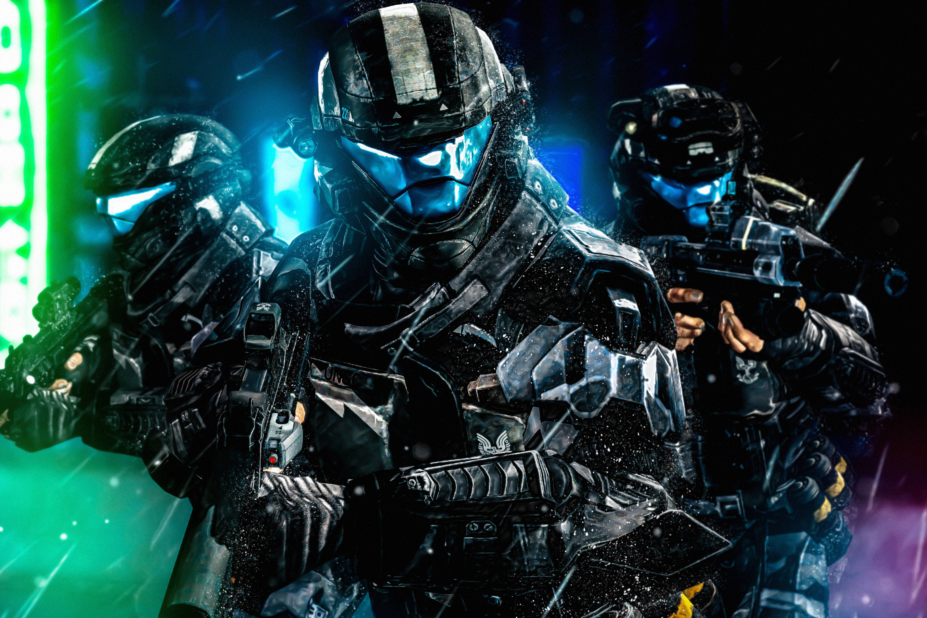 Halo 3, black helmet, futuristic soldiers, 2K Desktop Wallpaper