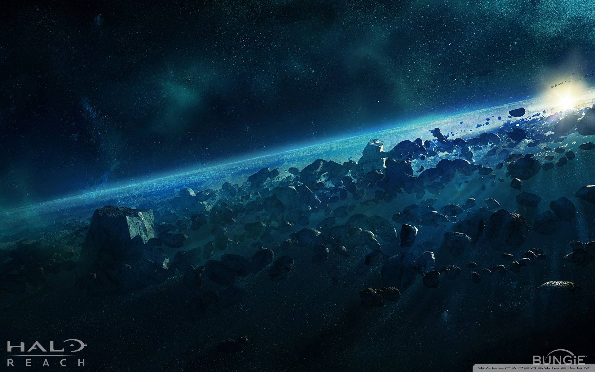 Halo Reach, asteroid field, glowing planet, Full HD Desktop Wallpaper