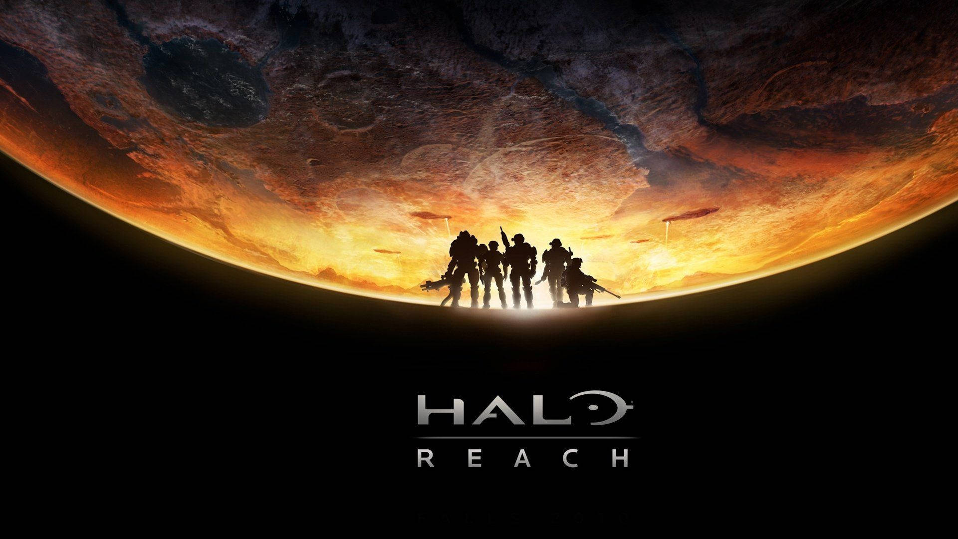 Halo Reach, silhouetted soldiers, fiery orange and red sunset sky, Full HD Desktop Wallpaper