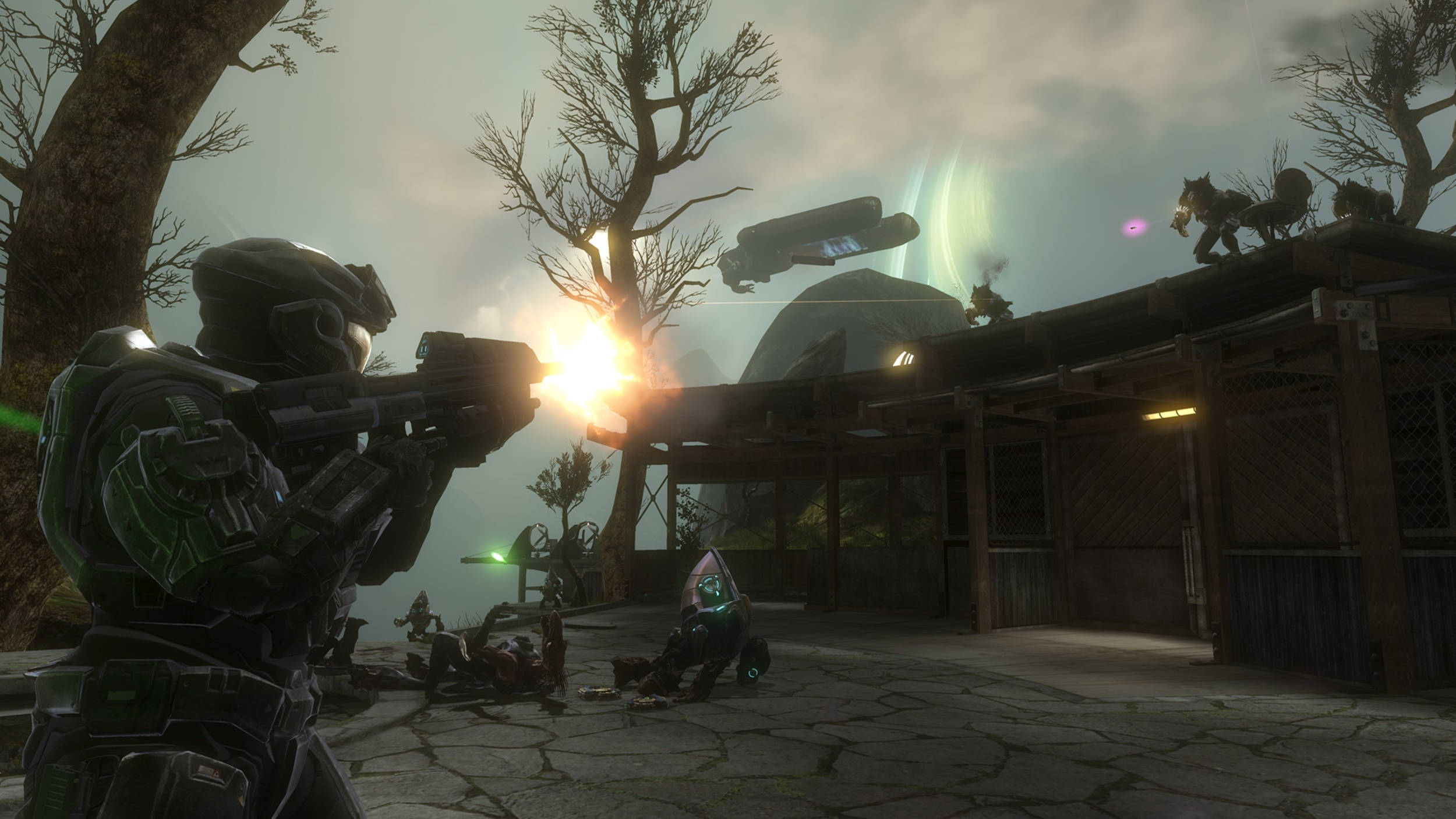 Halo: Reach, green armor, wooden structure, Full HD Desktop Wallpaper