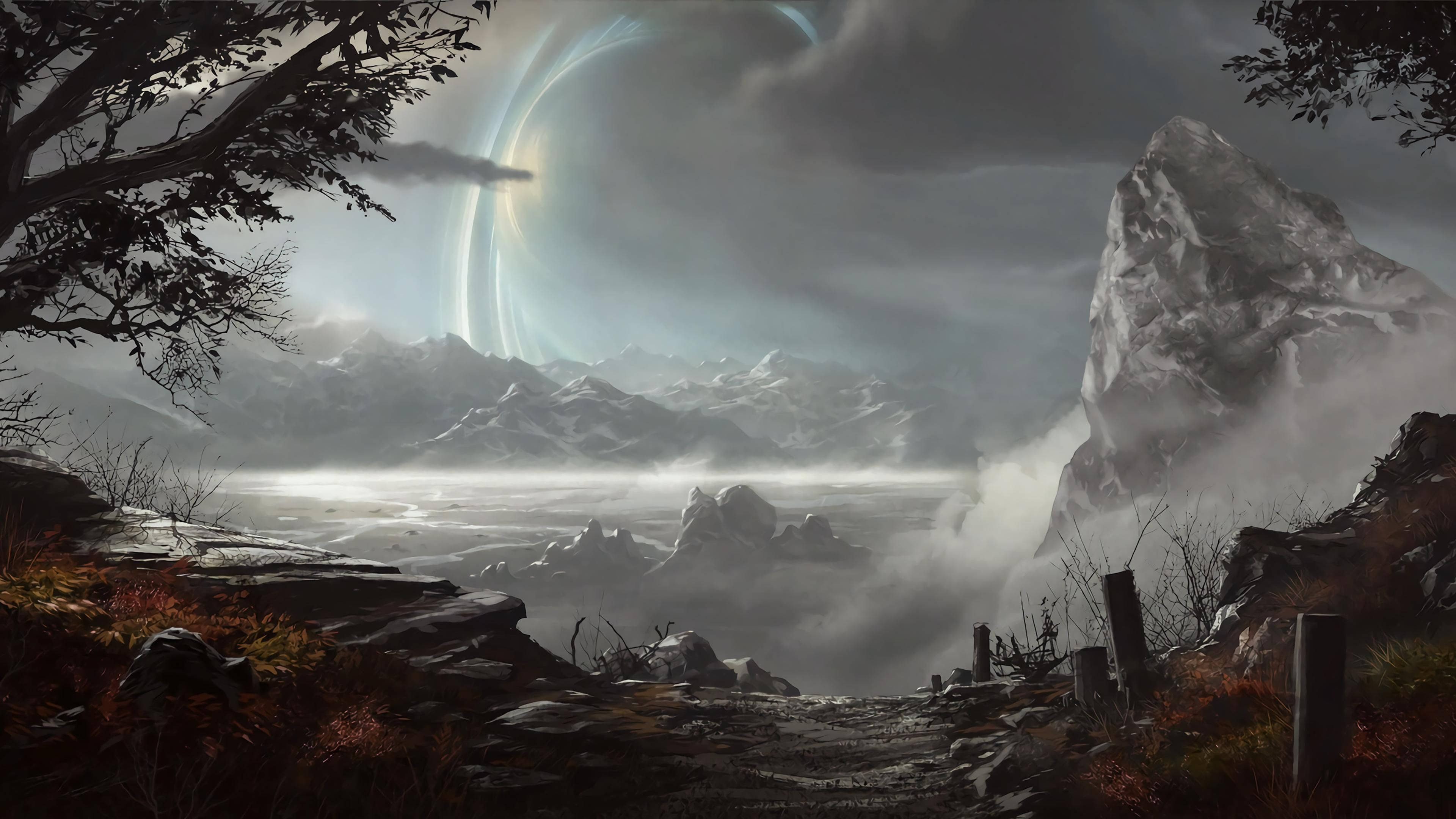 Halo Reach, glowing ring, misty mountain valley, 4K Desktop Wallpaper