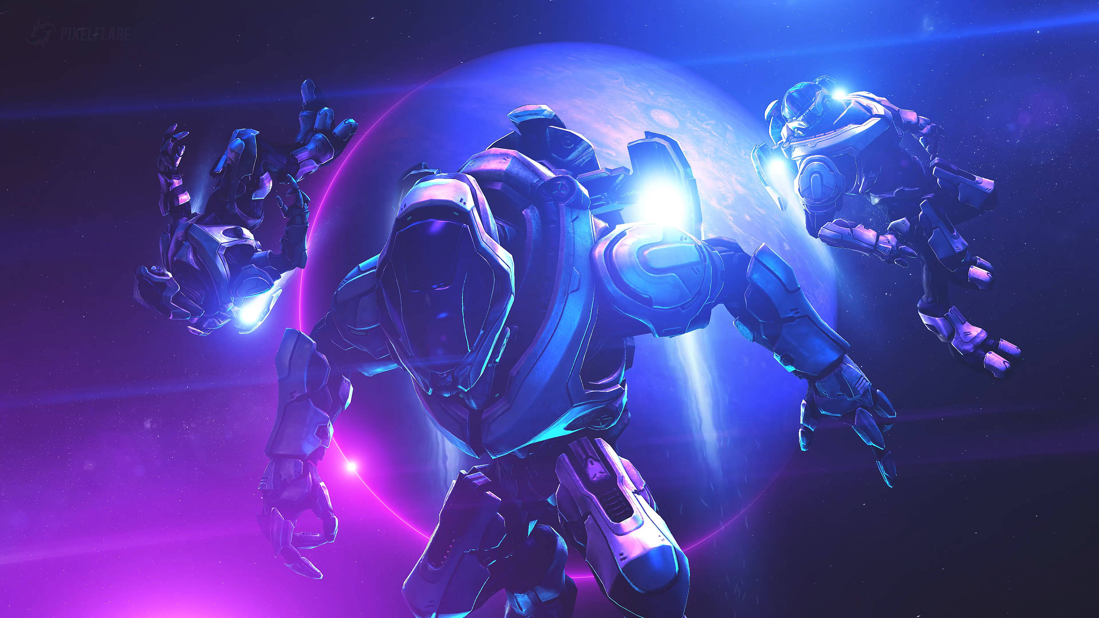 Halo, glowing blue armored robots, vibrant purple planet, 4K Desktop Wallpaper