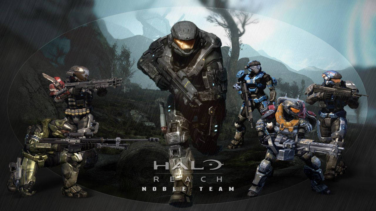 Halo Reach, Five armored soldiers, misty alien landscape, HD Desktop Wallpaper