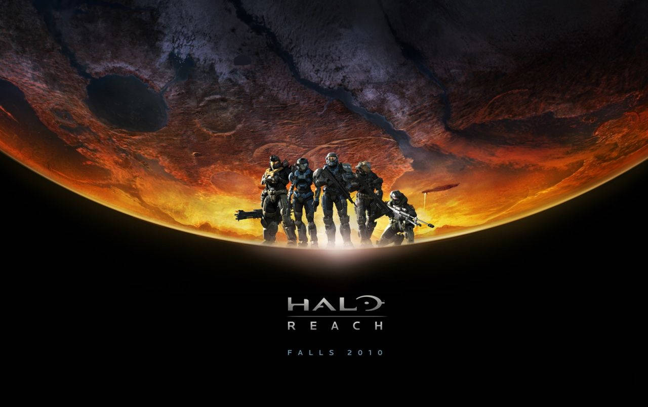 Halo Reach, six armored soldiers, fiery alien planet, HD Desktop Wallpaper