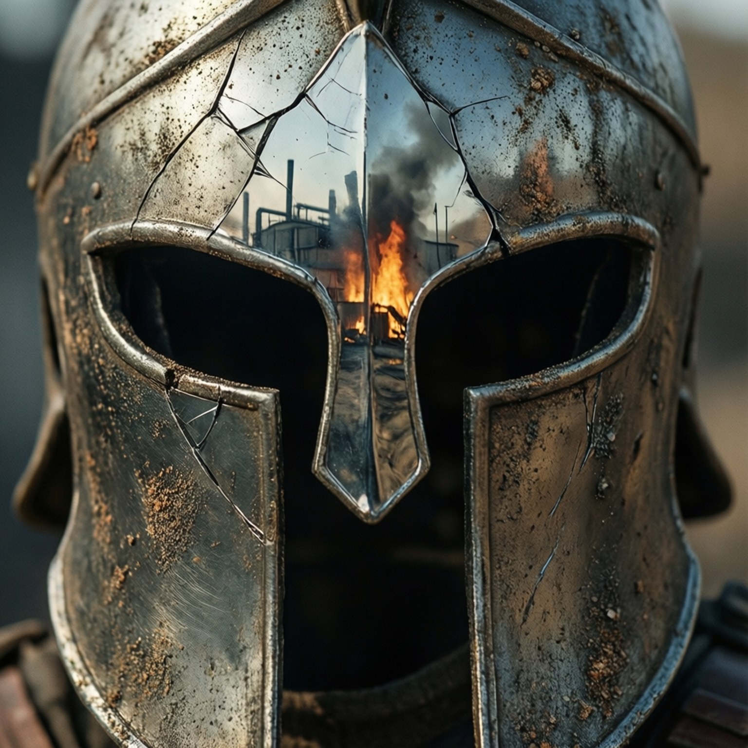 cracked visor, metallic helmet, fiery industrial explosion, HD Desktop Wallpaper