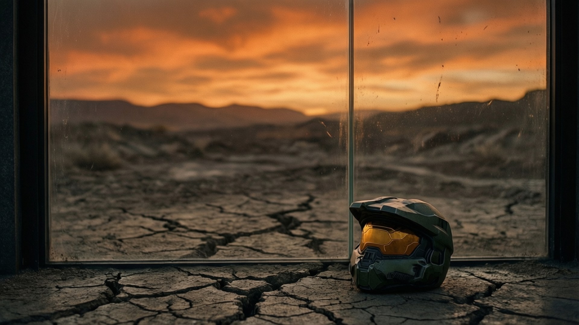 Halo Reach, green and gold Halo helmet, cracked earth, Full HD Desktop Wallpaper