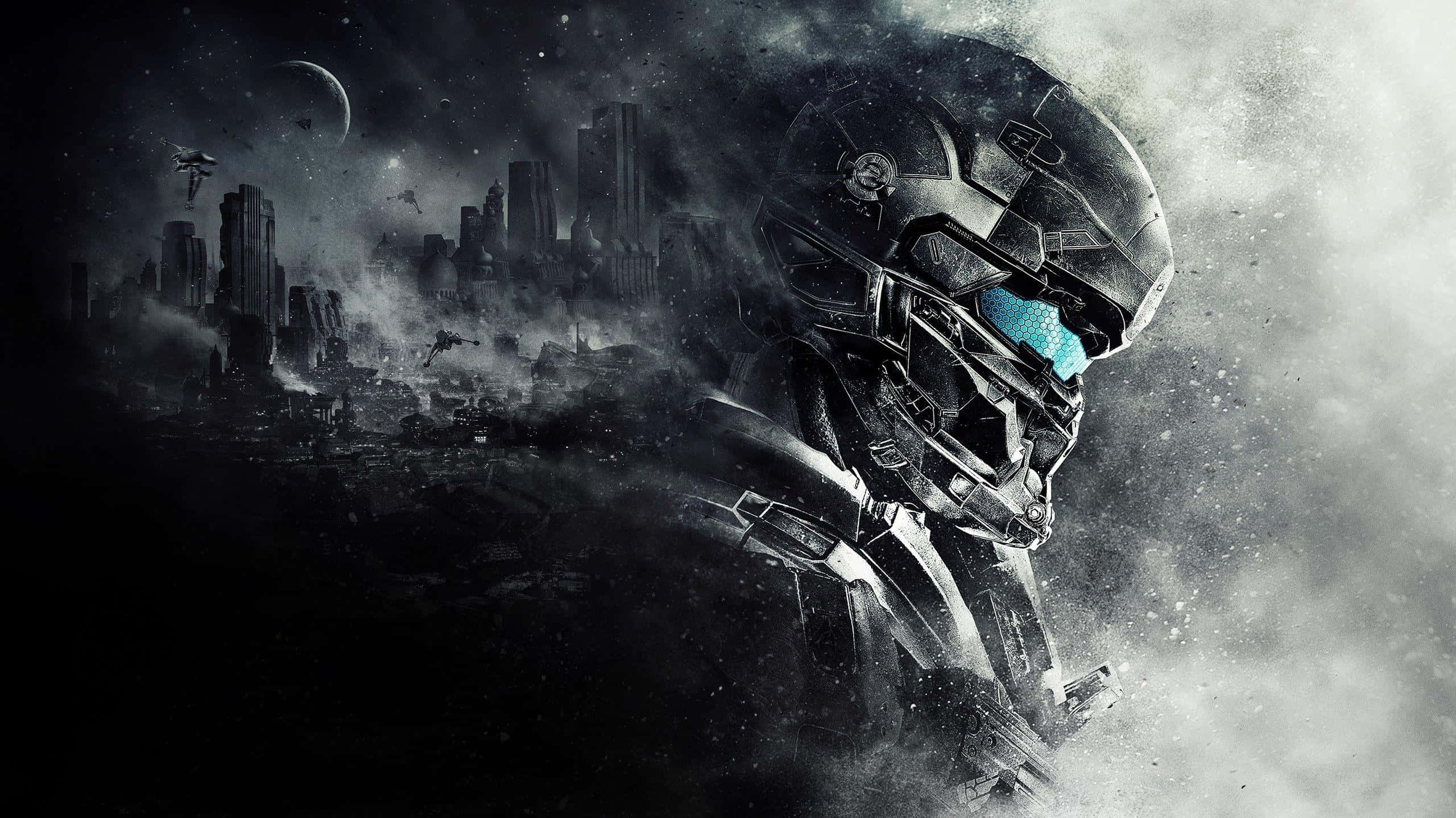 Halo Red Team, glowing blue visor, ruined cityscape, 2K Desktop Wallpaper