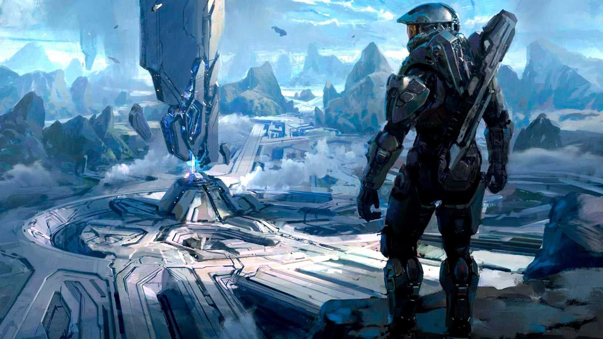 Halo Red Team, armored soldier, futuristic alien city, Full HD Desktop Wallpaper