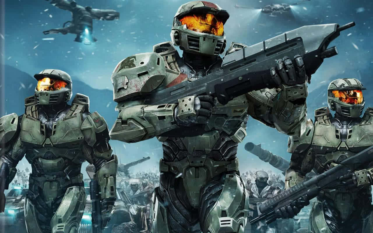 Halo Red Team, glowing orange visors, snowy battlefield, HD Desktop Wallpaper