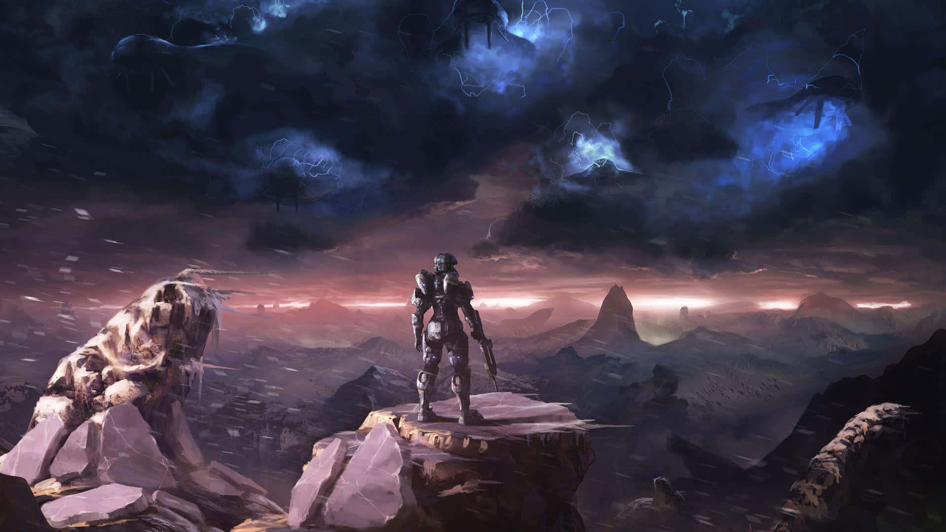 Halo Red Team, armored warrior, stormy alien landscape, Full HD Desktop Wallpaper