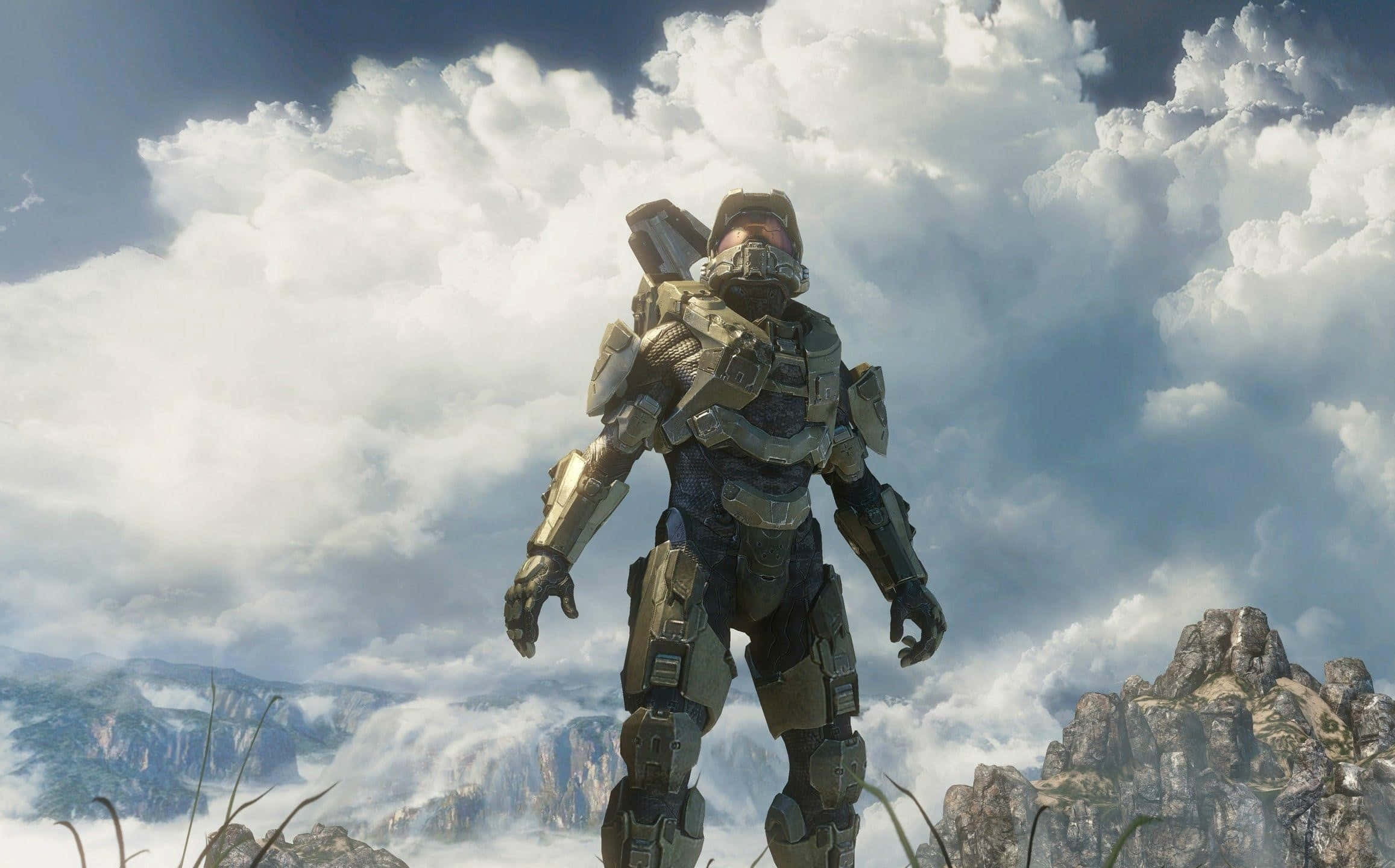 Halo Red Team, futuristic armor, rocky cliff, Full HD Desktop Wallpaper