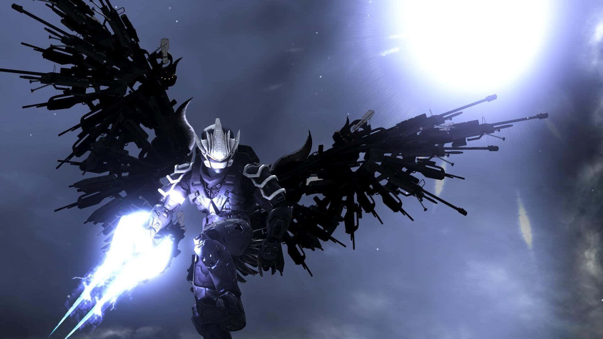 Halo Red Team, dark armored warrior, wings of weapons, Full HD Desktop Wallpaper