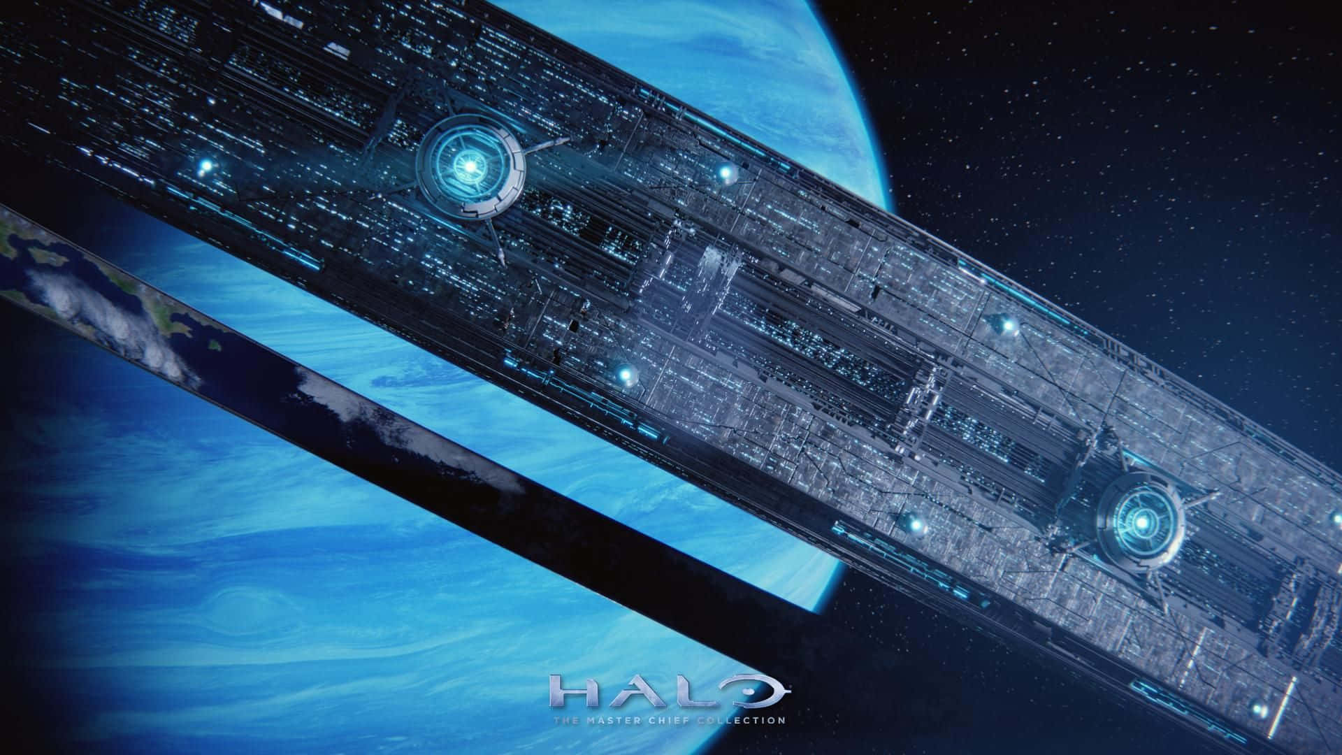 Halo Ring, futuristic spaceship, vibrant blue planet, Full HD Desktop Wallpaper