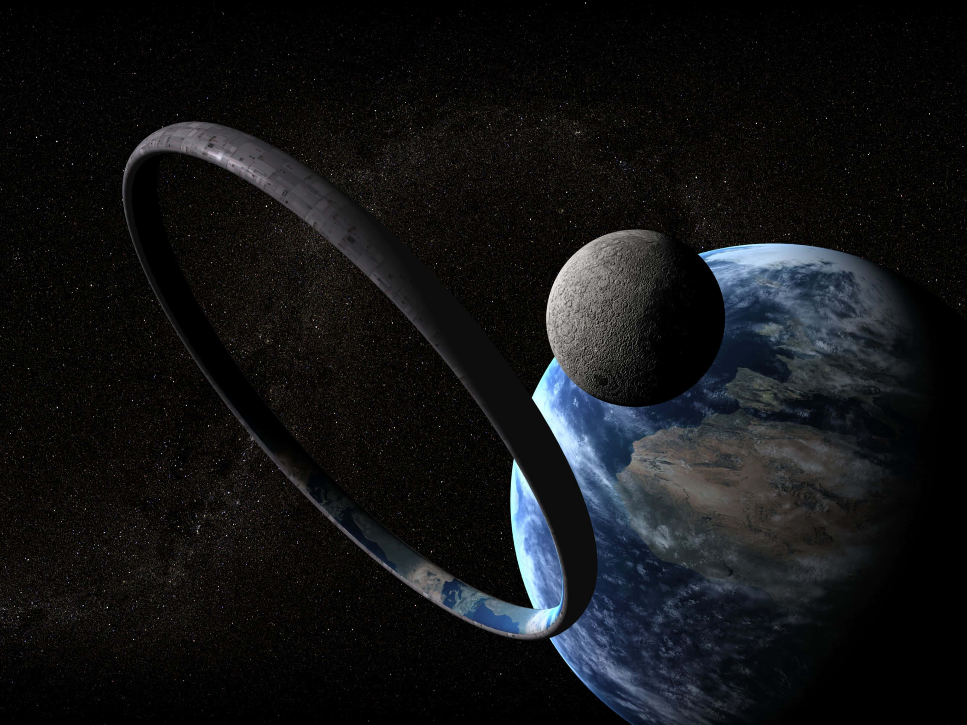 Halo Ring, ringed space station, planet, 2K Desktop Wallpaper