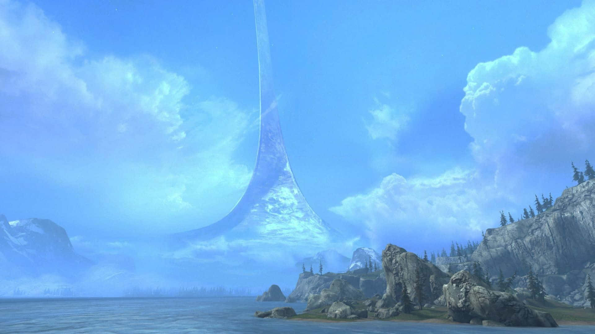 Halo Ring, glowing blue monolith, serene lake, Full HD Desktop Wallpaper