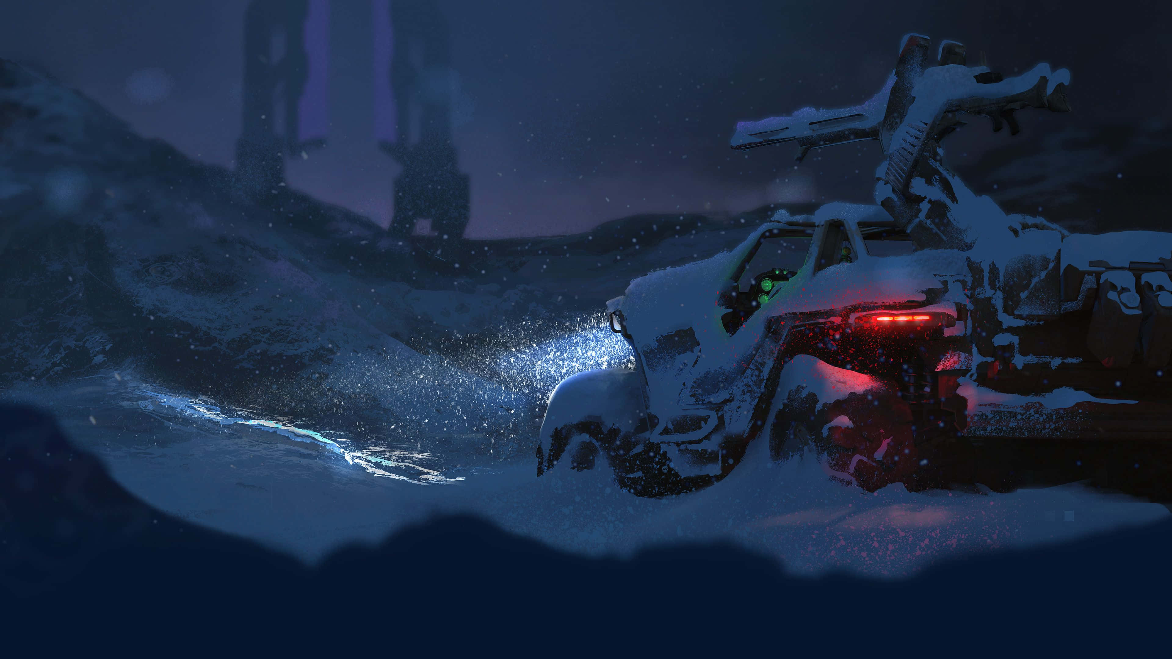 Halo Ring, snow-covered futuristic vehicle, glowing red taillights, 4K Desktop Wallpaper