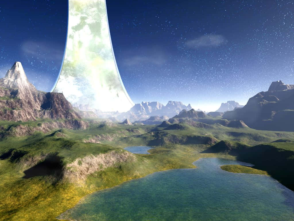 Halo Ring, glowing moon, green hills, SD Desktop Wallpaper